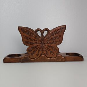 Vintage Wood Butterfly Napkin Salt & Pepper Shakers Holder Hand Carved Rustic